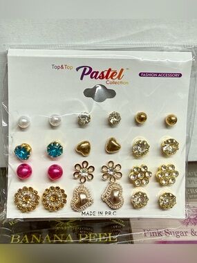 Top & Top Pastel Collection 12-Pair Mixed Stud Earrings Set Gold Tone